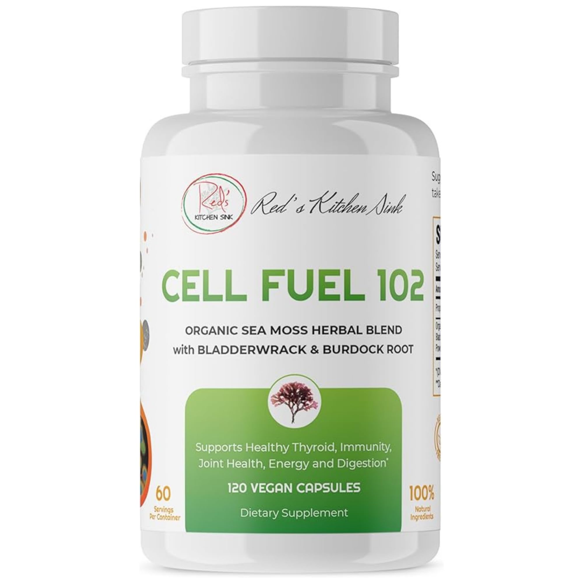 Red's Kitchen Sink Cell Fuel 102 – Organic Sea Moss 120 Capsules with Bladderwrack & Burdock Root | Dr. Sebi Inspired Herbal Blend | 60 Servings, 2 Month Supply | Vegan, 100% Natural