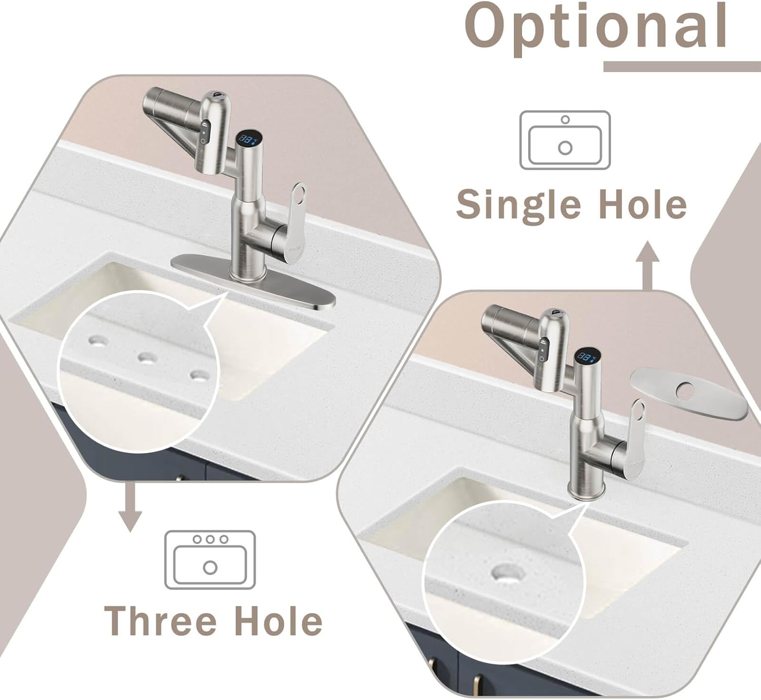 Rotatable Bath Faucet with Temp Display in Celsius, Single Hole Brushed Nickel and 3 Outlet Modes Faucet, Battery-Free