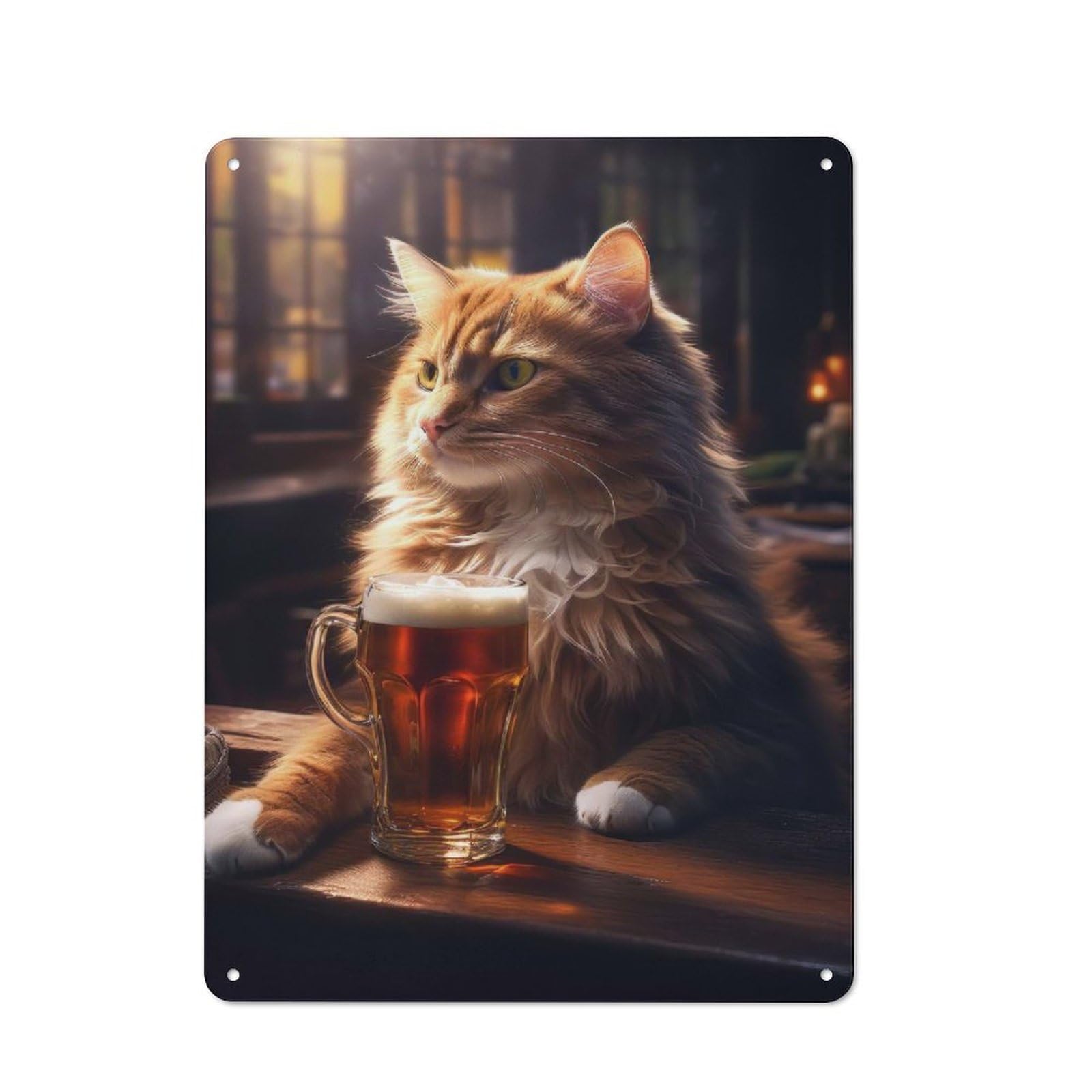 Junmoney Cat With Beer Office Metal Sign 40X30cm, Understated Office Wall Decor For Workspace, Cafe, Shop Or Desk Area