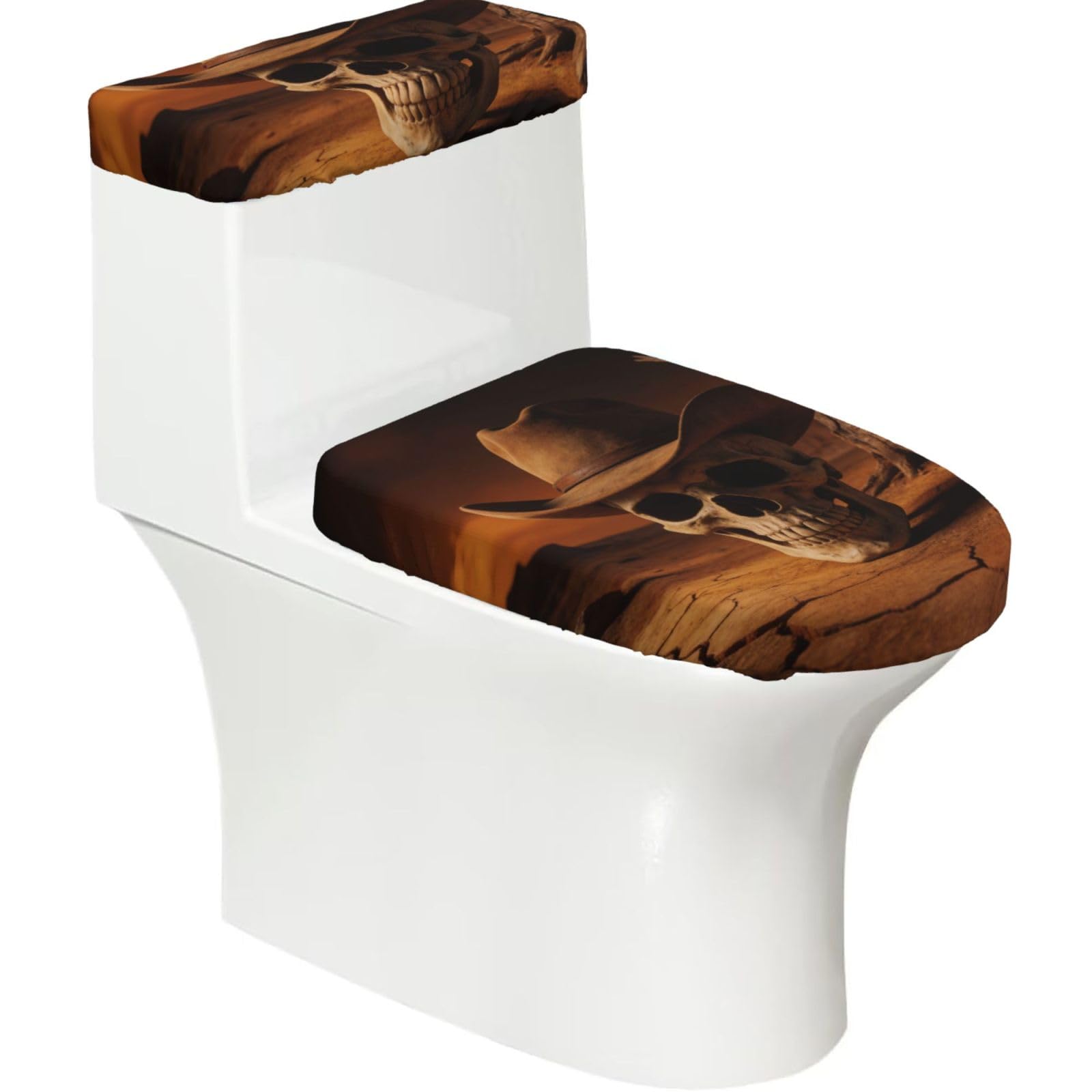Cowboy Skull Hat Elastic Toilet Cover Set of 2-Stretchy Lid and Tank Covers for Bathroom, Soft Washable U Shape Toilet Decor