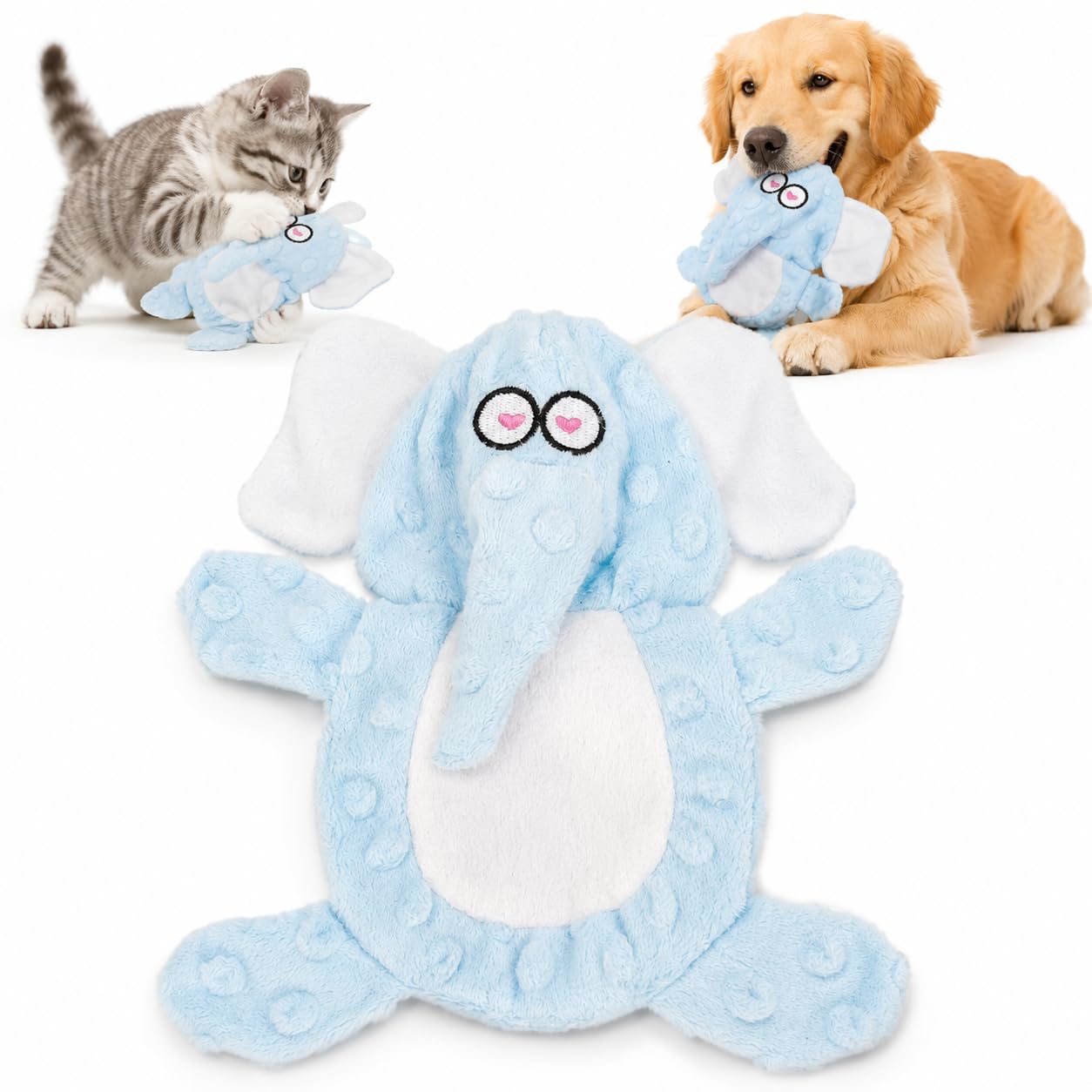 Kedi Köpek Oyuncağı Sesli Hışırtılı Peluş Fil, Isırınca Öten Kafa, Hışırtı Sesli Göğüs Kısmı, Yumuşak Etkileşimli Evcil Hayvan Oyuncağı, 24 x 17 cm, Açık Mavi