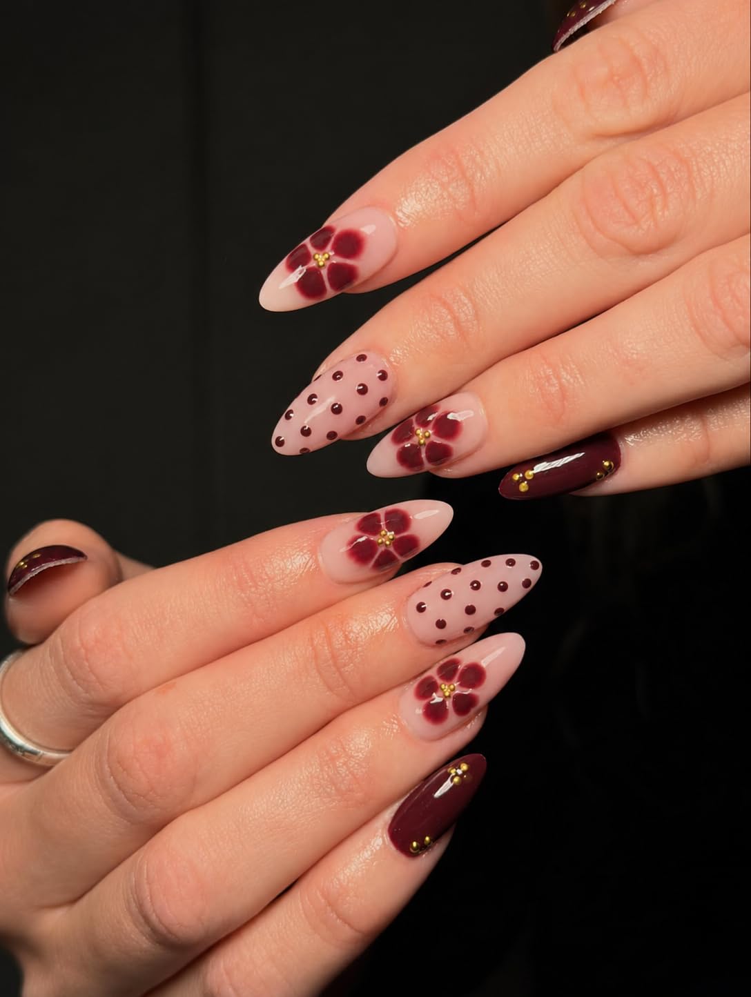 JESCO Press On Nails for Women, 20 Pcs Reusable Almond shape fake nails With 3D Floral Design Brown, Perfect for Party, Wedding & Daily Wear-image-19