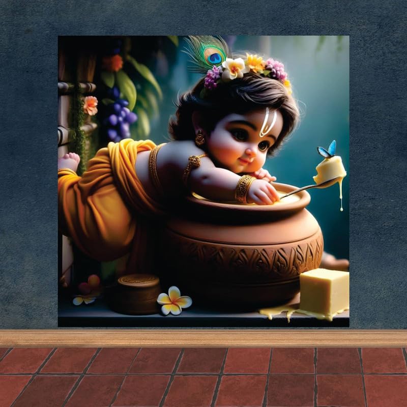 Image of British Terminal Cute little Bal Gopal Baby God Krishna| Kanha Ji | Laddu Lord Makhan Chor Painting Religious Poster for Pregnant Women for wall (matt thin vinyl,sticker,multicolor,unframed)| bj179
