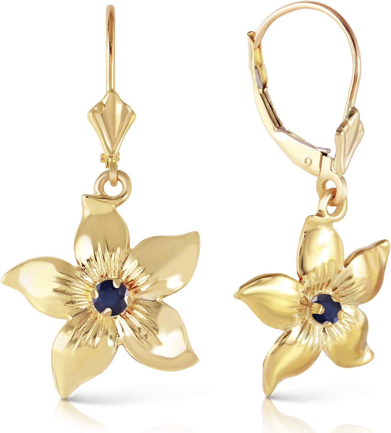Galaxy Gold GG 0.2 Carat 14k Solid Gold Leverback Flowers Earrings Sapphire