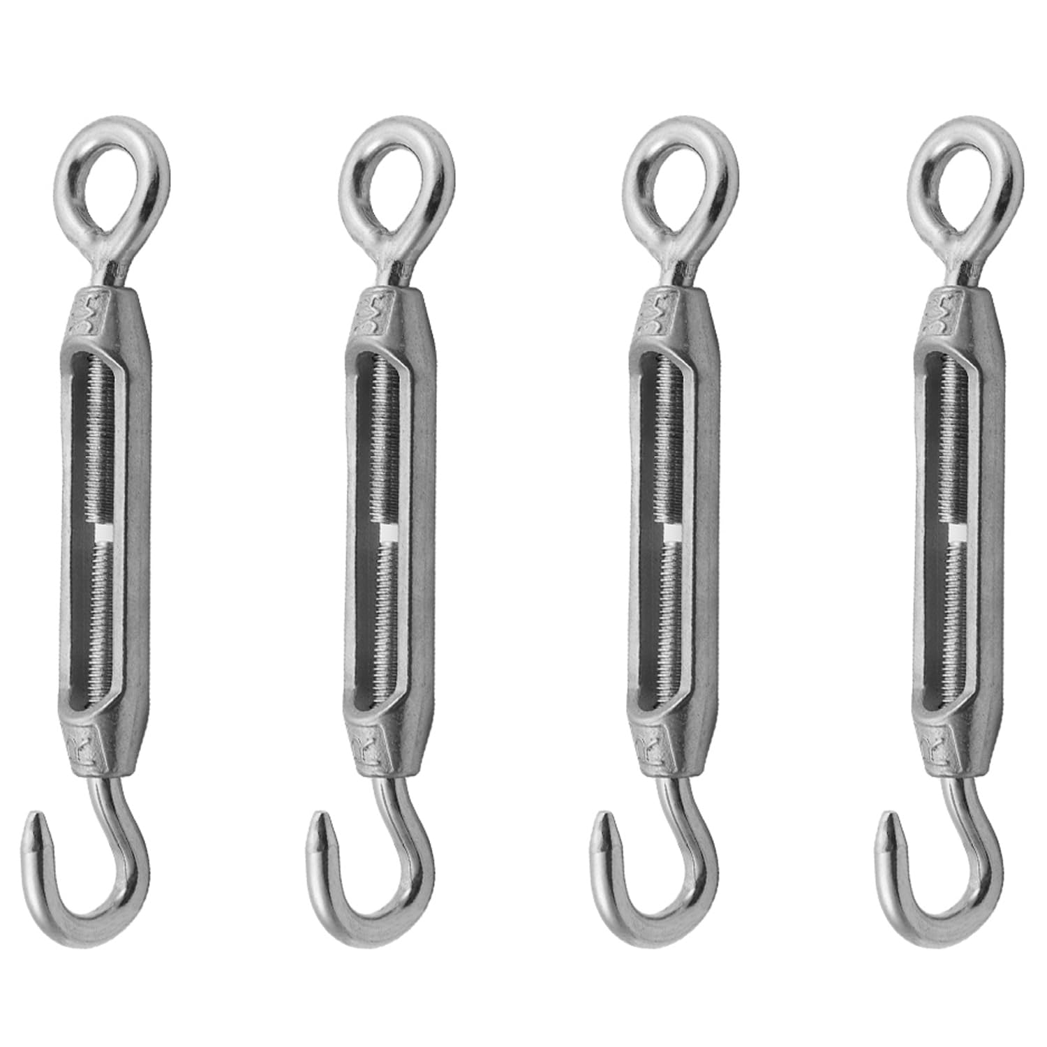 4 piezas tensor de cable con gancho y ojal, acero inoxidable 304, ajustable en tensión, para toldos, cercas, tiendas de campaña e instalación de cuerdas miniatura 1