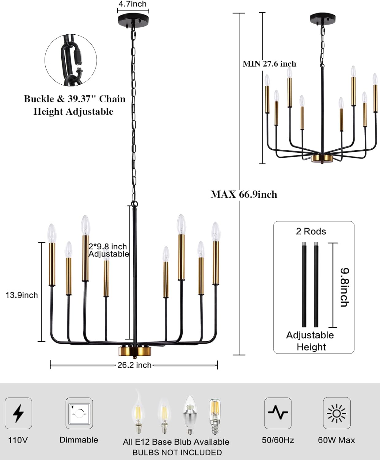 LASENCHOO 8 Lights Farmhouse Chandelier, Black and Gold Modern Chandelier, Classic Candle Pendant Lighting for Kitchen Island Living Room Bedroom Foyer Entryway Dining Room Hanging Lighting Fixtures