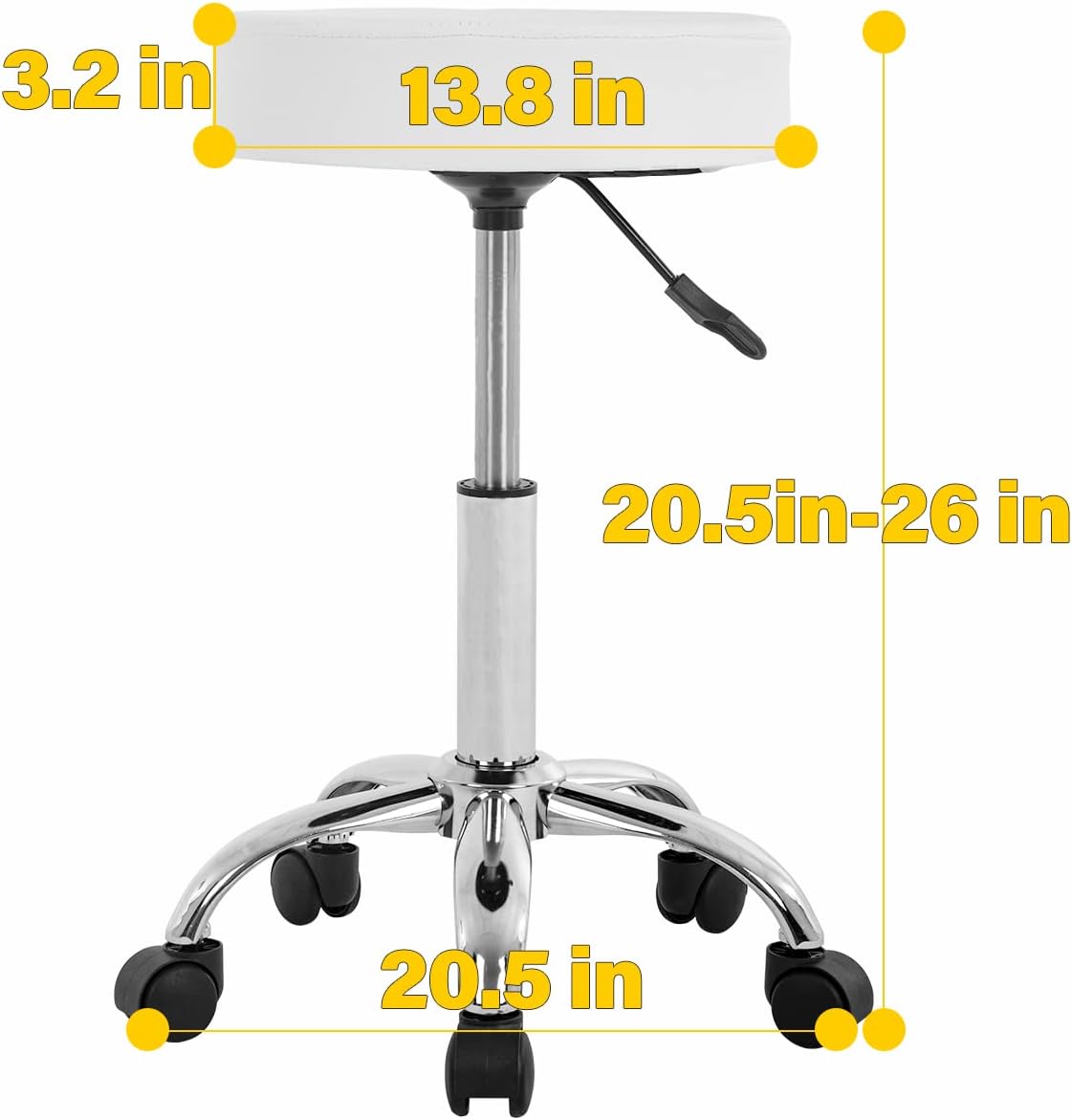 PayLessHere Round Rolling Stool Adjustable Swivel Salon Stool with PU Leather Seat Cushion 5 Wheels Hydraulic Chair for Salon Massage Tattoo Shop (White)