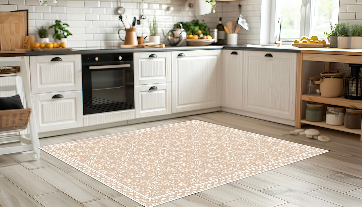 DobleUve Estudio Tapis Vinyle 37 | Beige | 65x200 cm | Tapis Cuisine et Salon Antidérapant Antifongique Ignifuge | Pour Enfants et Bain PVC