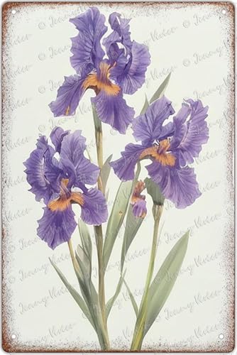 Zomyto Encantador letrero de lata con letrero rústico de iris morado, arte de pared floral, elegante decoración de pared de metal vintage para