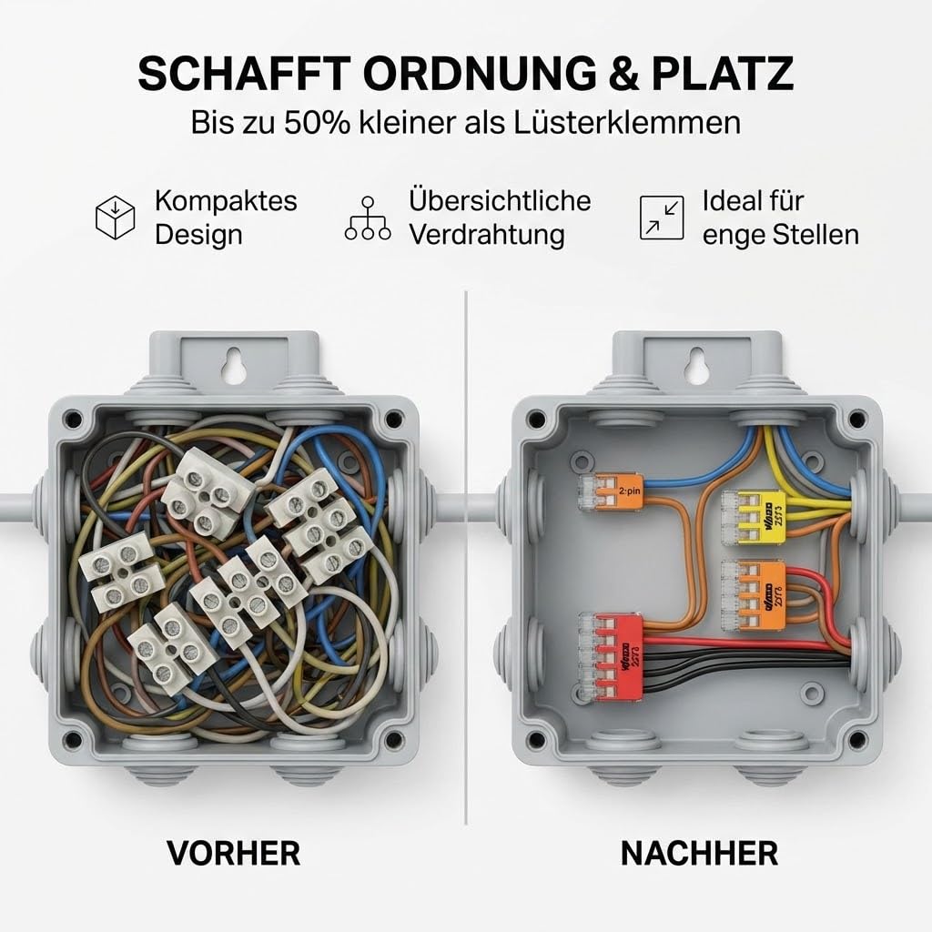 Verbindungsklemmen Set 250 Stück – enthält Original WAGO Klemmen Set Serie 2273 (2-, 3-, 4-, 5-, 8 polig) – Installationsklemmen in wiederverschließbarer Box