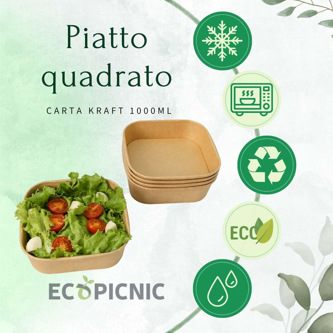 Salatiera Quadrata Carta Kraft 1000 ml 50 Pezzi Contenitori Monouso per Insalate Poke Bowl