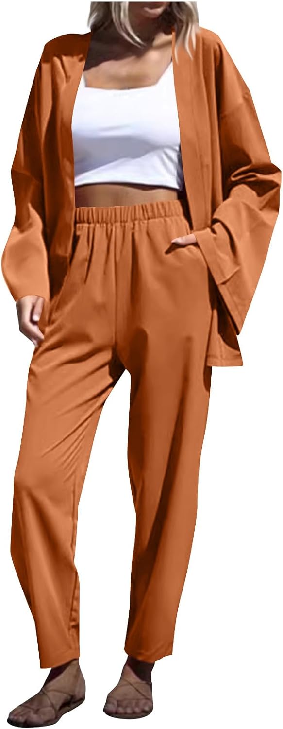 Fall 2 Piece Outfits for Women Two Piece High Waist Long Pants Jackets Cardigan Matching Set Loungewear with Pockets