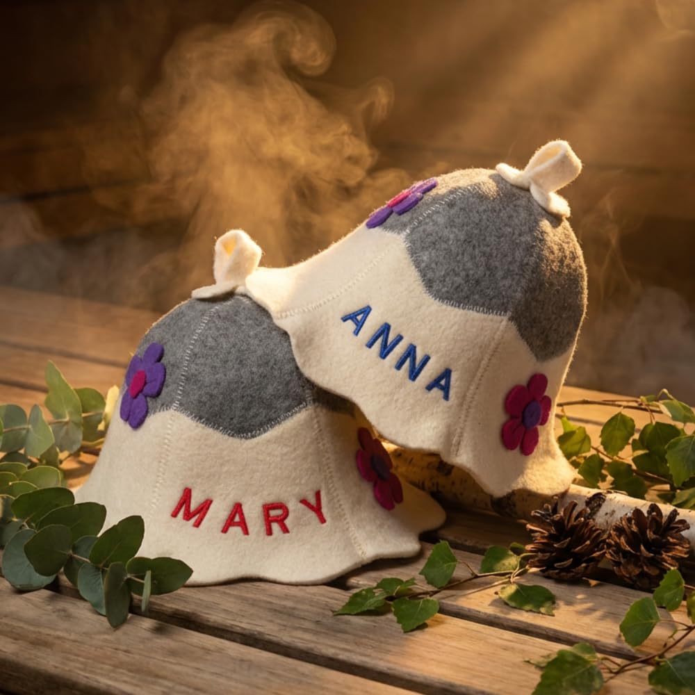 Personalisierter Saunahut aus 100 % Bio-Wolle – Premium Saunahut Damen mit Name Bestickt – Hochwertige Saunamütze als Exklusives Sauna Zubehör für stilvolle Saunagänge