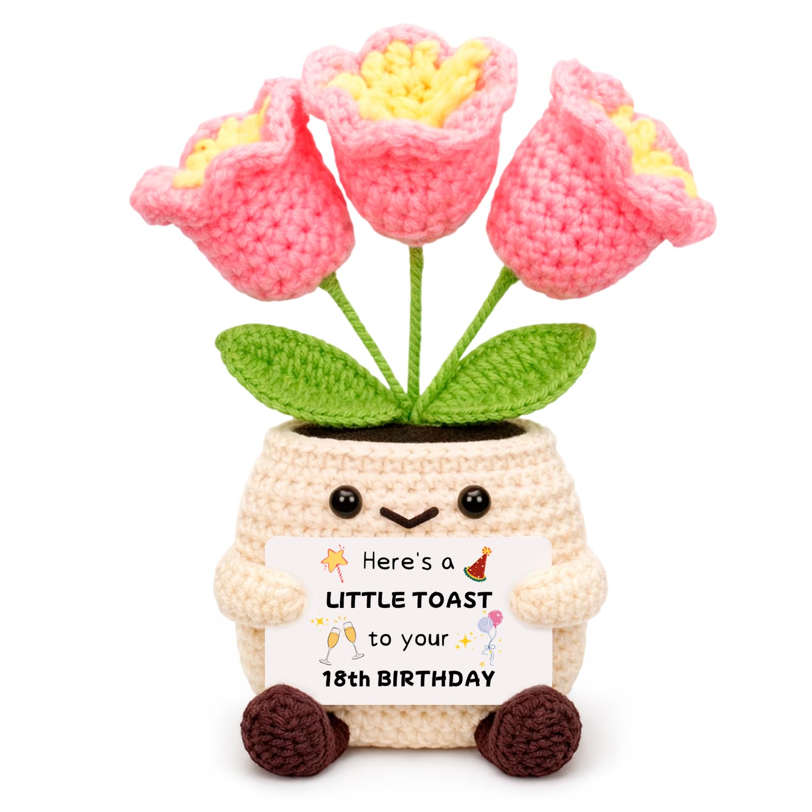 DAWKJOA 18th Birthday Gifts for Girls, Crochet Flower Pot Gift with 18th Birthdays Card, Cute Pocket Hug, 18 Birthday Gifts for Girls, Girl Birthdays Gift for Daughter Sister Friend Bestie