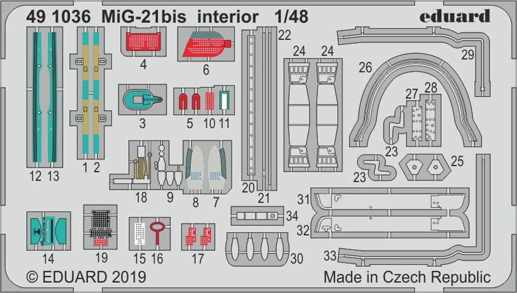 Eduard EDP491036 Photoetch 1:48-MiG-21bis Interior Scale Model Detailing Set, Various