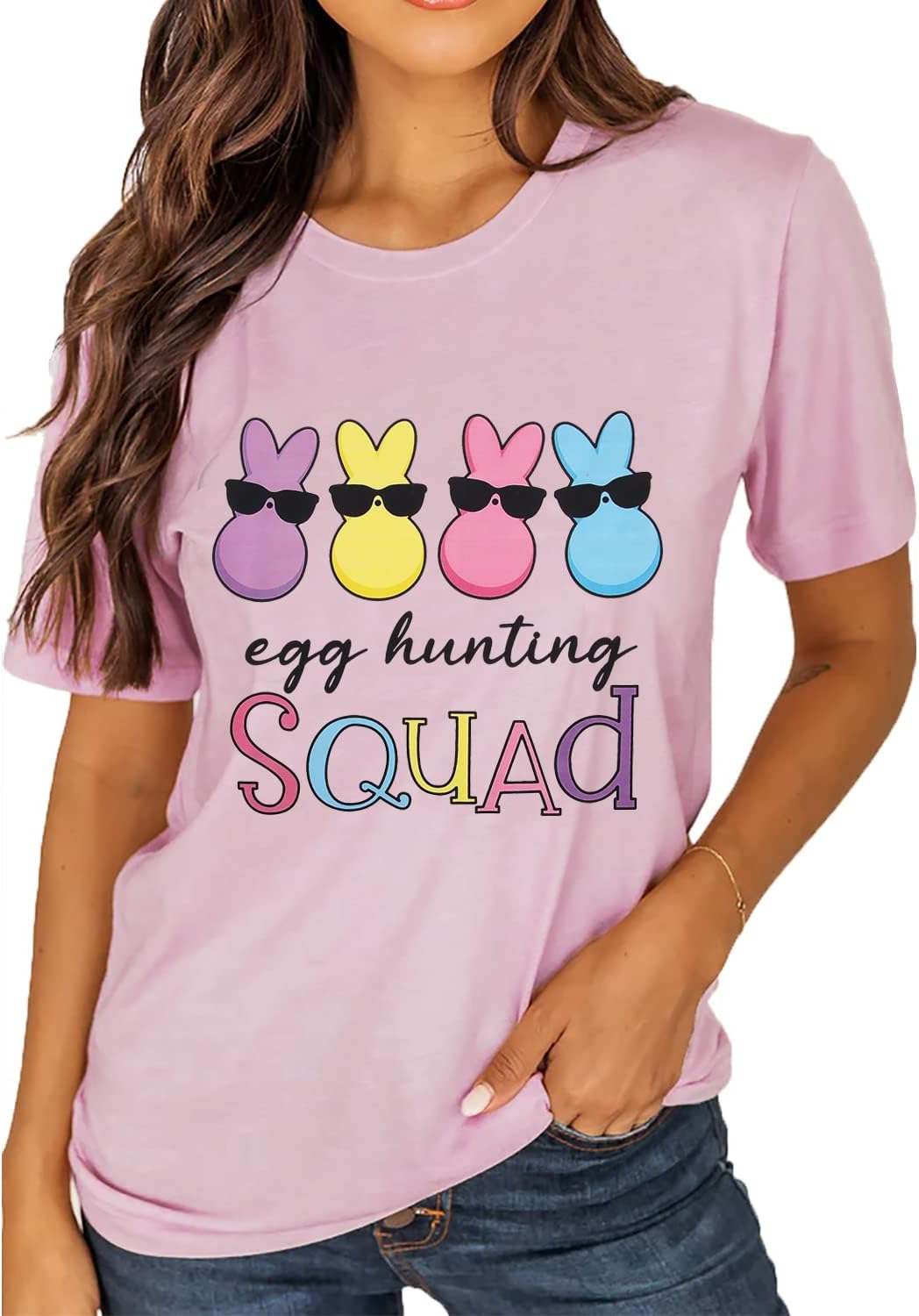 MODNTOGAWomen Happy Easter T-Shirt Bunny Rabbit Graphic T-Shirt Egg Hunting Squad Letter Print Shirts Short Sleeve Tops