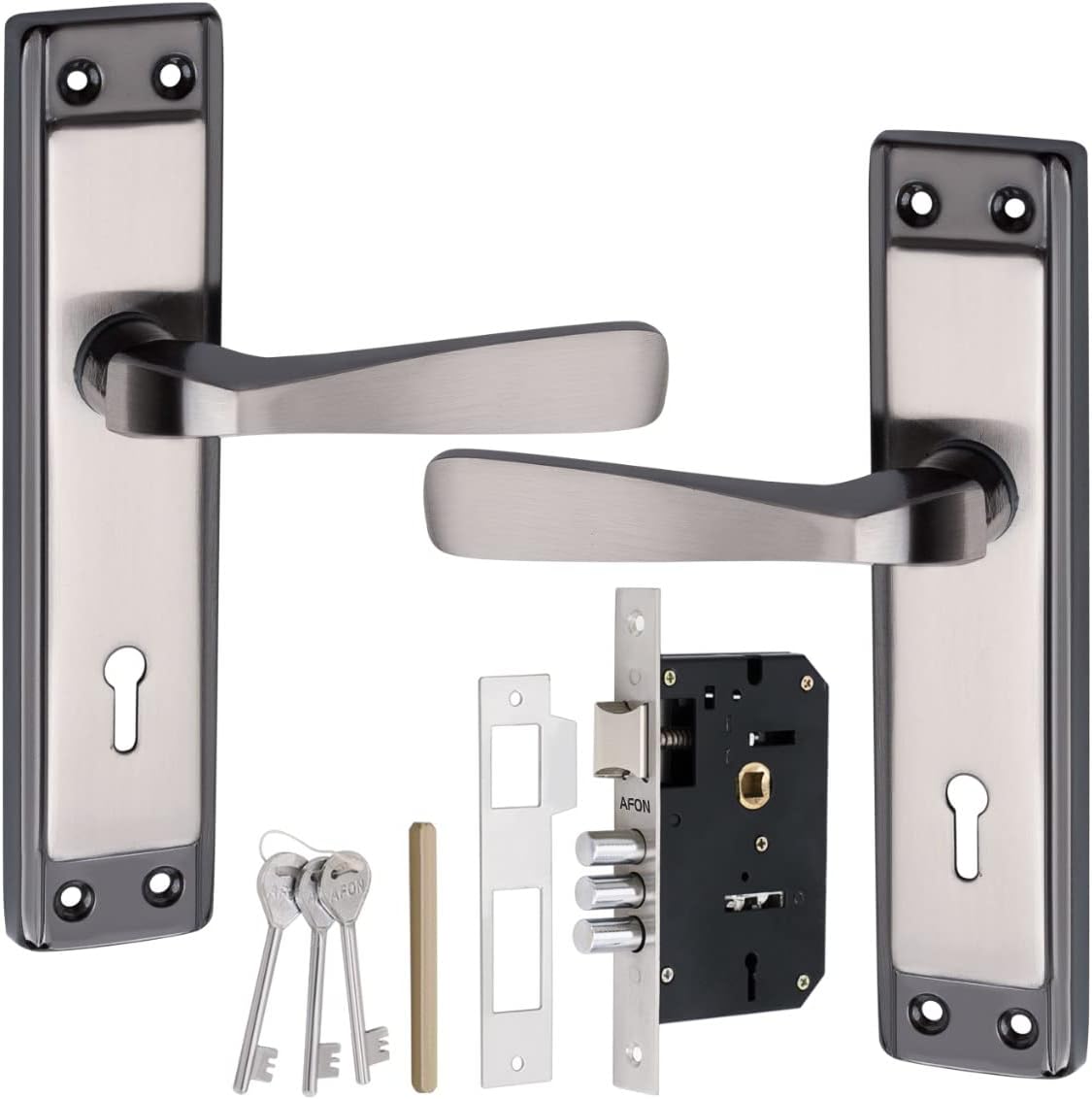 AFON 7 inches Mortise Iron Handle Set with Lock Body | Black Silver Finish | 3 Keys | 6 Lever 70 mm Double Turn Bullet Lock Set for Door, (PC324-KY-BS)