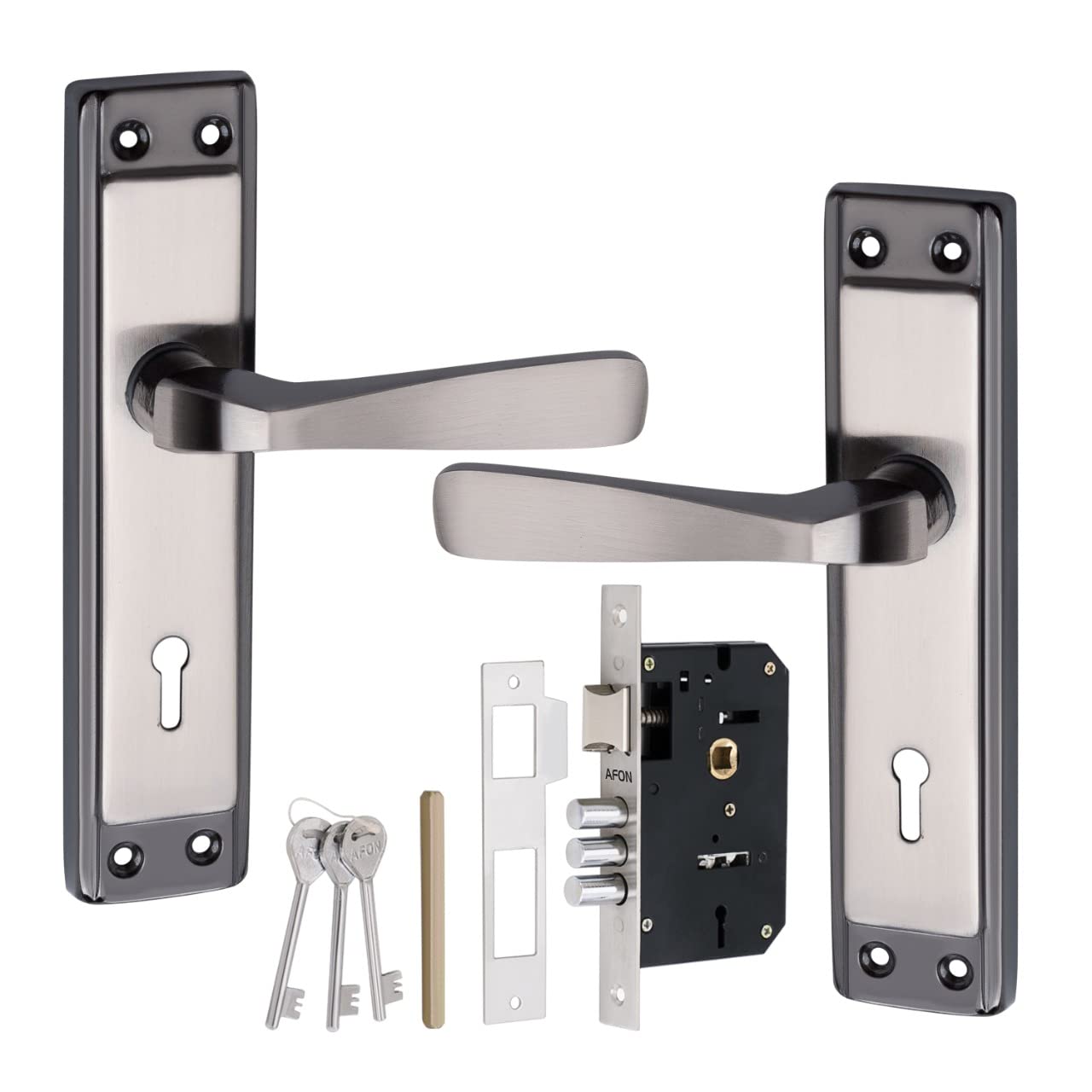 AFON 7 inches Mortise Iron Handle Set with Lock Body | Black Silver Finish | 3 Keys | 6 Lever 70 mm Double Turn Bullet Lock Set for Door, (PC324-KY-BS)