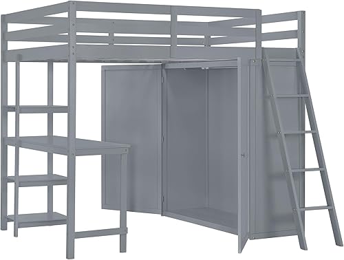 Miniatura 108 de Quarte Cama alta multifuncional, cama alta tamaño matrimonial con escritorio integrado y estantes de almacenamiento, dos cajones y escalera de