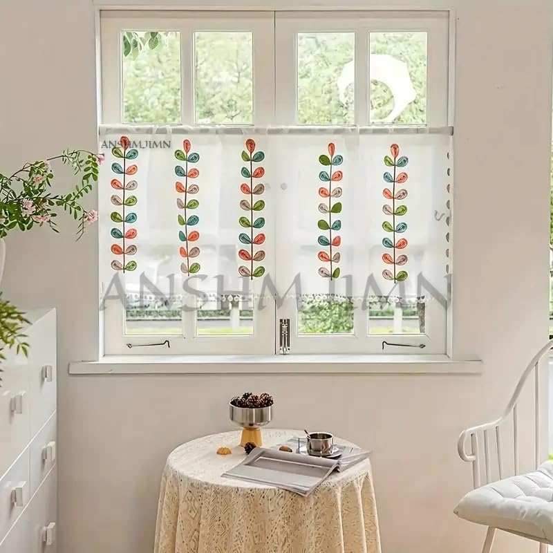 Image of Short Window Curtain for Kitchen, Living Room, Cafe, Restaurant & Home Decor | Elegant Half Window Valance | Length - 24 Inch, Width - 60 Inch (Multiple Leaf Color, Medium)