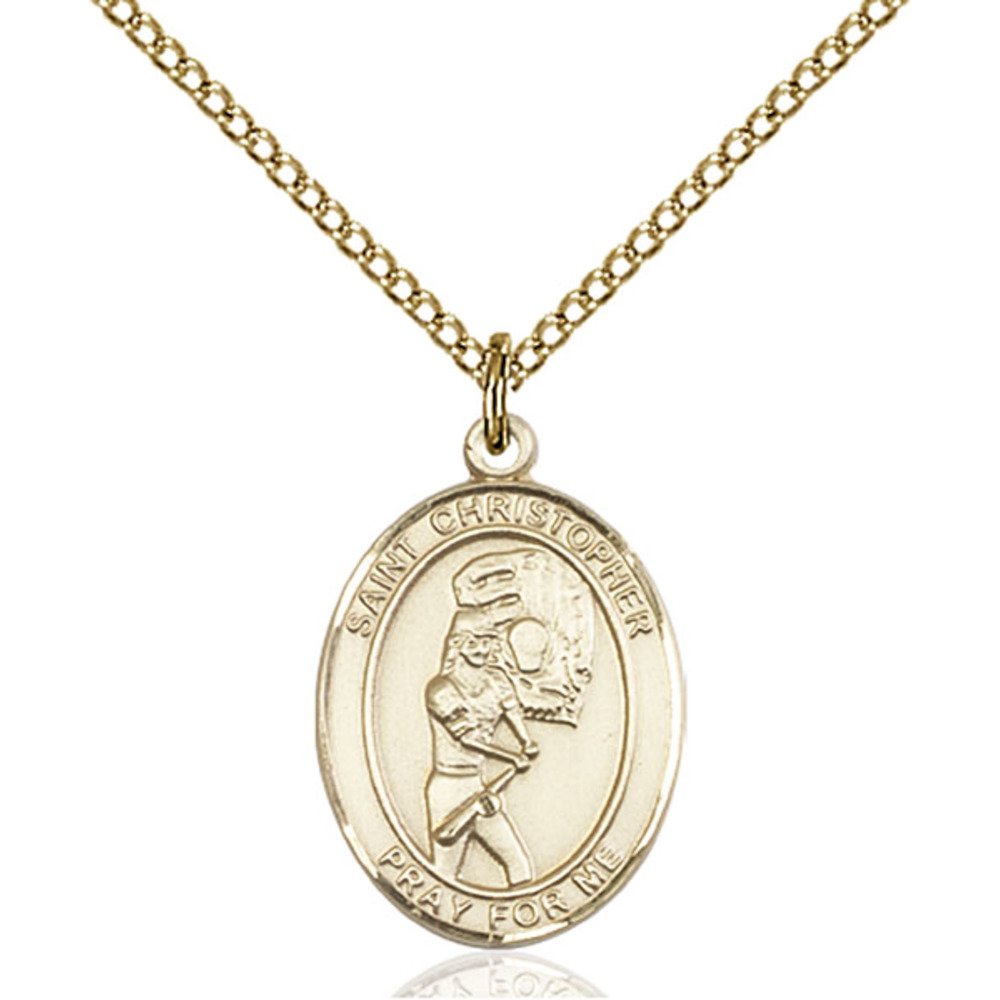 Bonyak Jewelry Saint Medal Collection Custom Engraved Gold Filled St. Christopher/Softball Pendant 3/4 x 1/2 inches with Gold-Filled Lite Curb Chain