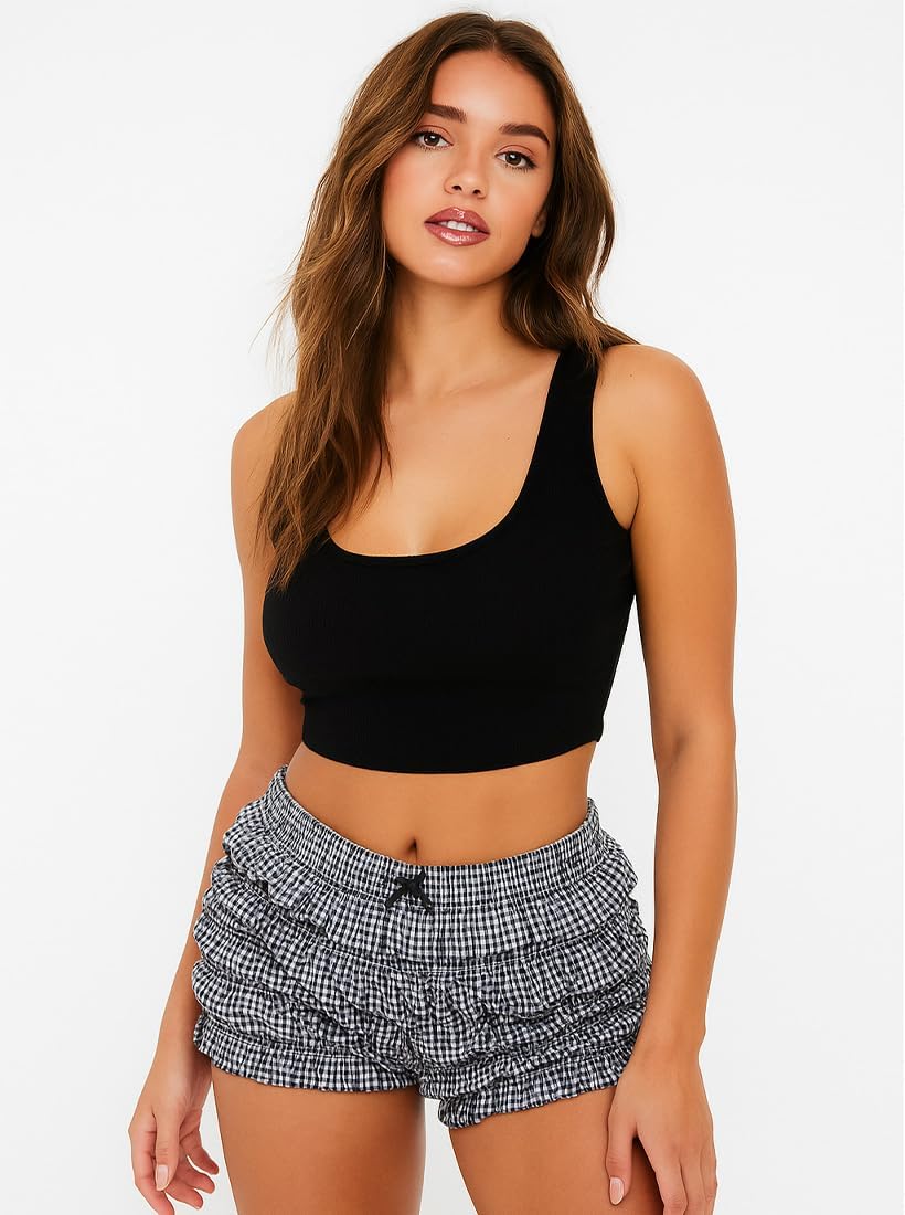 Ruffle Micro Shorts for Women Y2K Plaid Mini Bloomers Elastic Waist Gingham Bottoms - Image 7