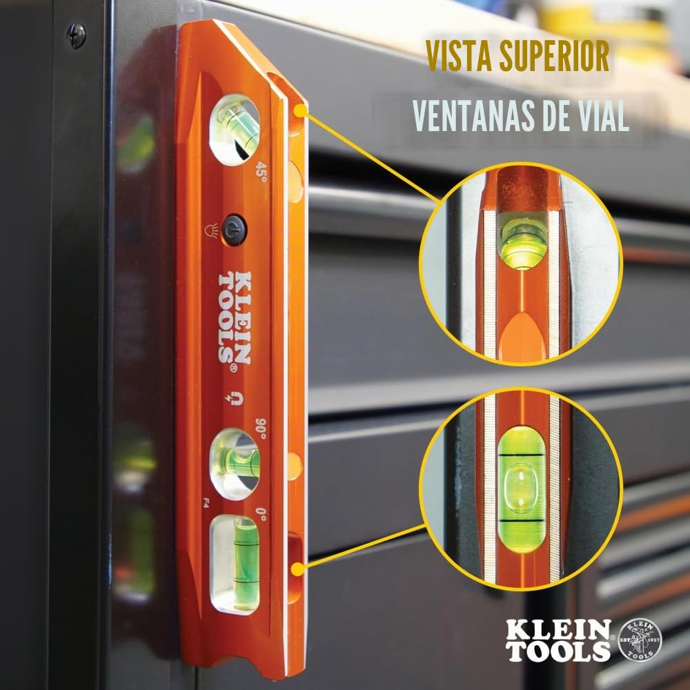 Klein Tools Nivel 935RBLT, nivel de torpedo iluminado con imán, 3 viales y ranura en V, resistente al agua y a los impactos, ideal para doblar conductos de alta visibilidad, naranja, rojo