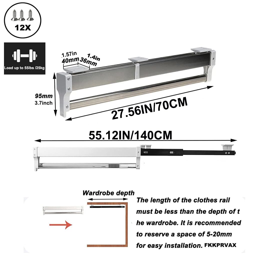 Barra de Ropa Extensible con 2 rieles deslizantes, Barra de Armario extraíble Ajustable de 30-80 cm Perchero de Ropa con Barra de Armario, Soporte de Carga de 25kg (Size : 700mm)