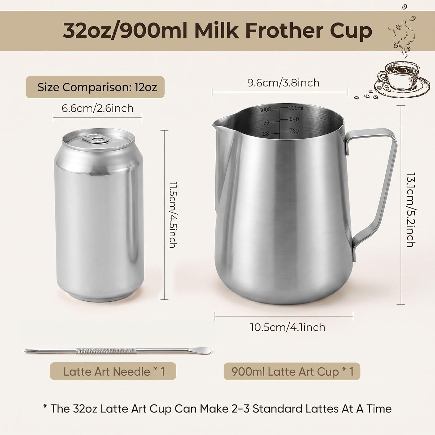 2 Pack Stainless Steel Frothing Pitcher with Internal Corrosion Scale, 32oz Milk Frothing Pitcher for Coffee Latte Art Cappuccino, Includes 2 Frothing Pens (Silver, 8.7 x 5.5 x 5.1 Inches)