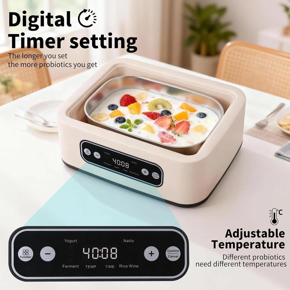Yogurtiera con Timer e Controllo della Temperatura, Completamente Automatica per Uso Domestico. Preparazione di Yogurt Greco. Spina UE.