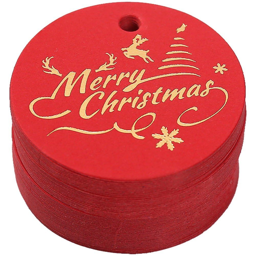 Ppmter Red 100 Pcs Merry Christmas Tags Bronzing Gift Labels Round Paper Tags Gift Packaging Tags For Party Favor Christmas Decoration
