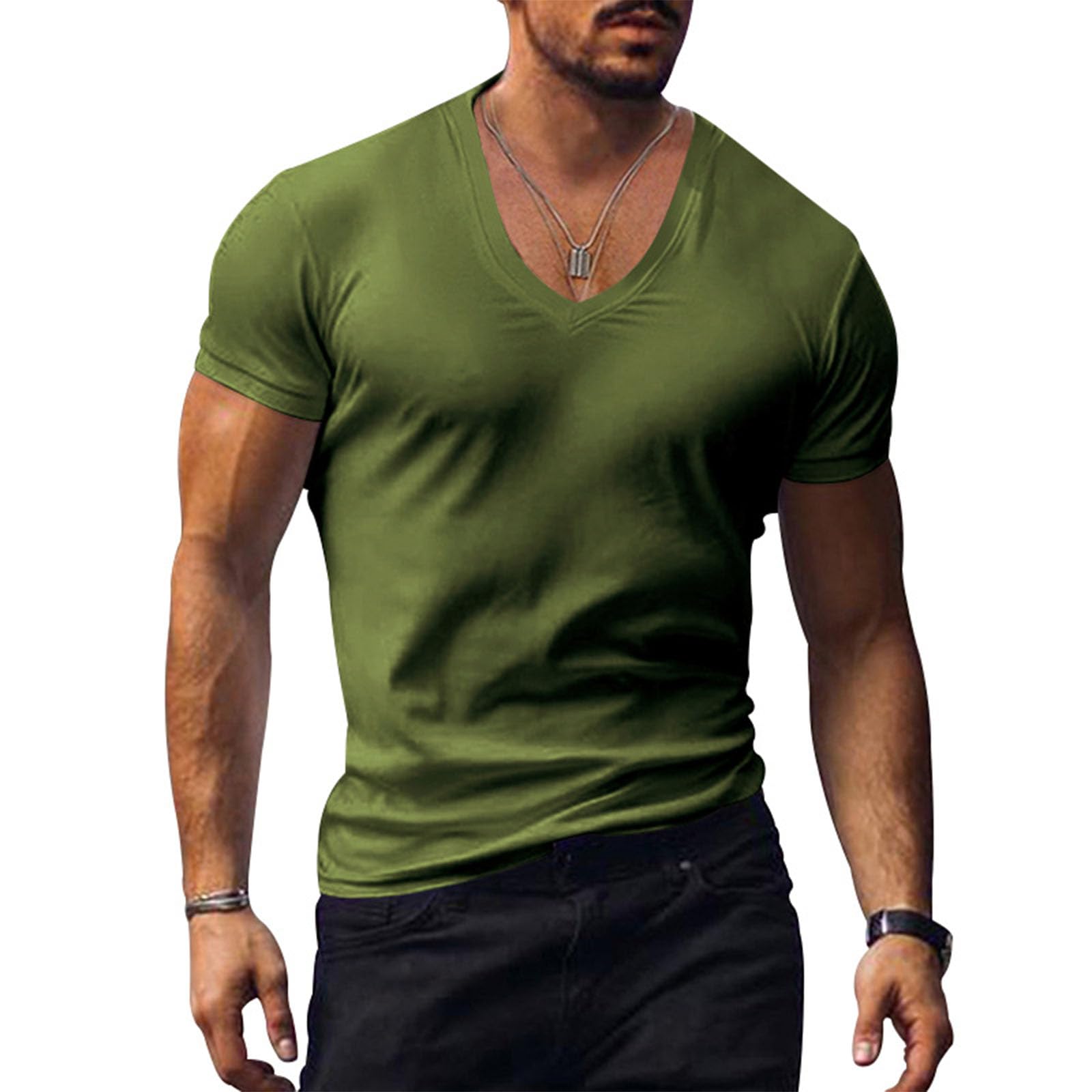 Mens Cotton Athletic Shirts Short Sleeve V Neck Solid Muscle T-Shirt Slim Fit Lightweight Casual Stretch Tops Summer