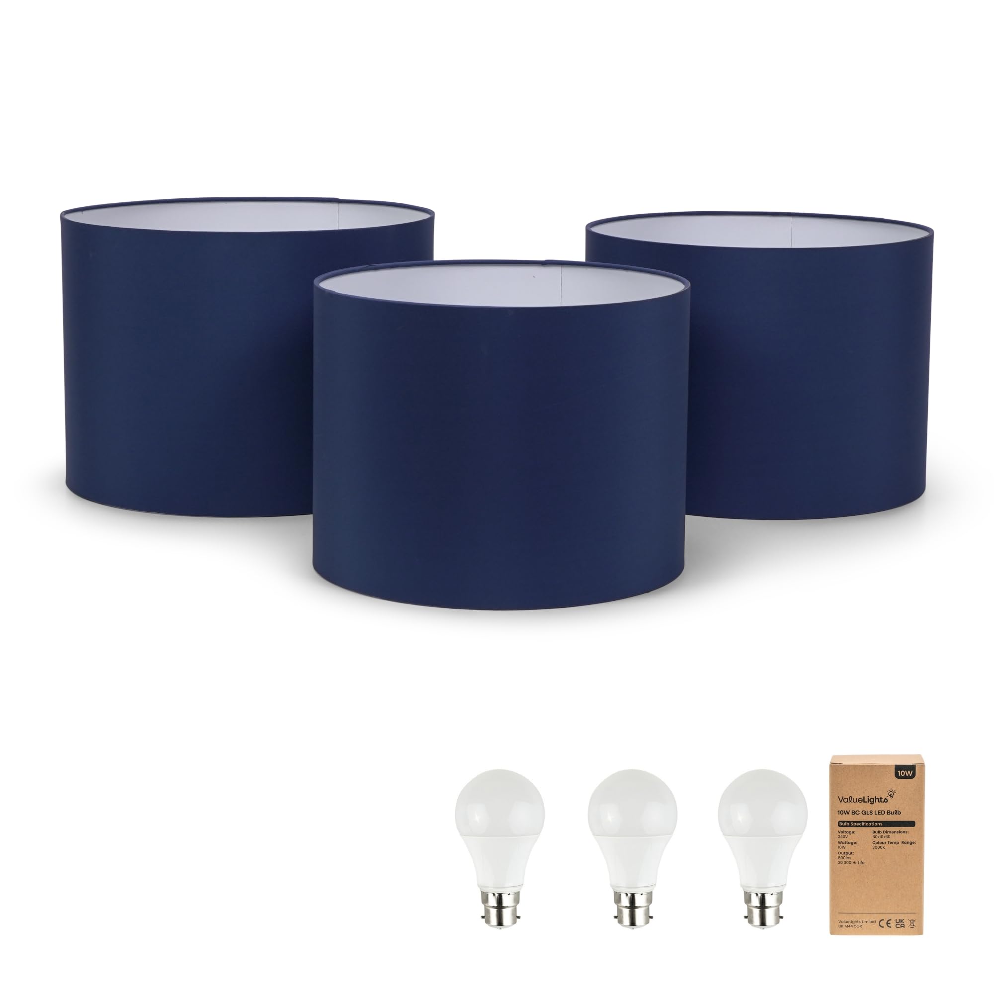 ValueLights | Nesting Fabric Drum Light Shades in Navy Blue | Lamp Shades, Home Décor & Improvement Essential | Pack of 3 | 3 Sizes (S/M/L) | Includes Bulb [3000K Warm White] | 30cm Shade Width