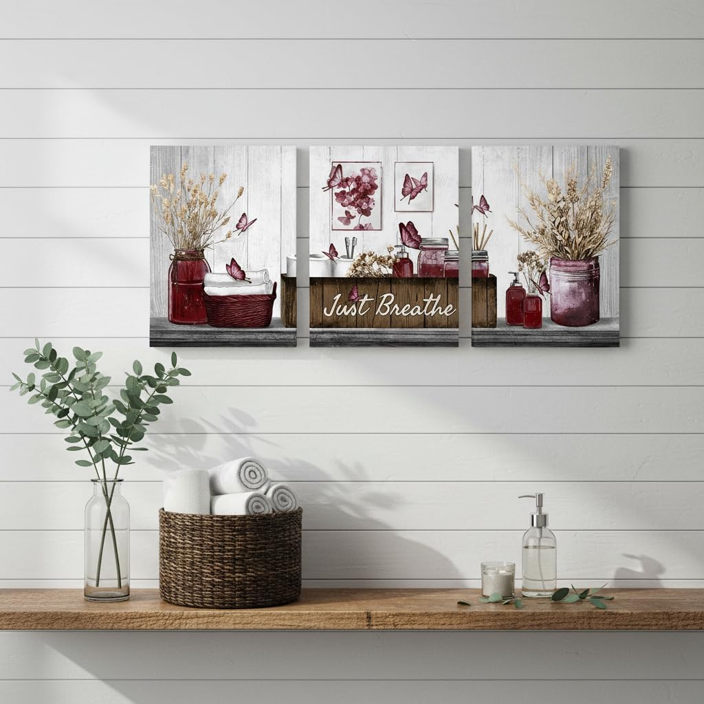 RnnJoile Burgundy Red Bathroom Decor Botanical Pictures Wall Art Just Breathe Sign Canvas Painting for Bathroom Wall Decor 12"x16" Each (Red)