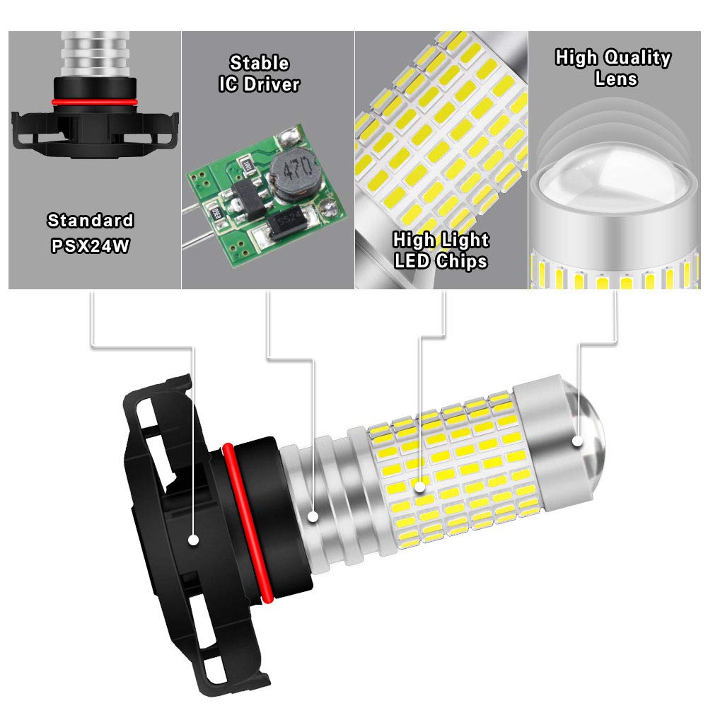 PSX24W 2504 Lampadine Fendinebbia a LED Xenon Bianco 3000LM 3014 SMD 144-EX Chipset con Proiettore per Obiettivo Auto Fendinebbia Fendinebbia 12-24 V (2-Pack)