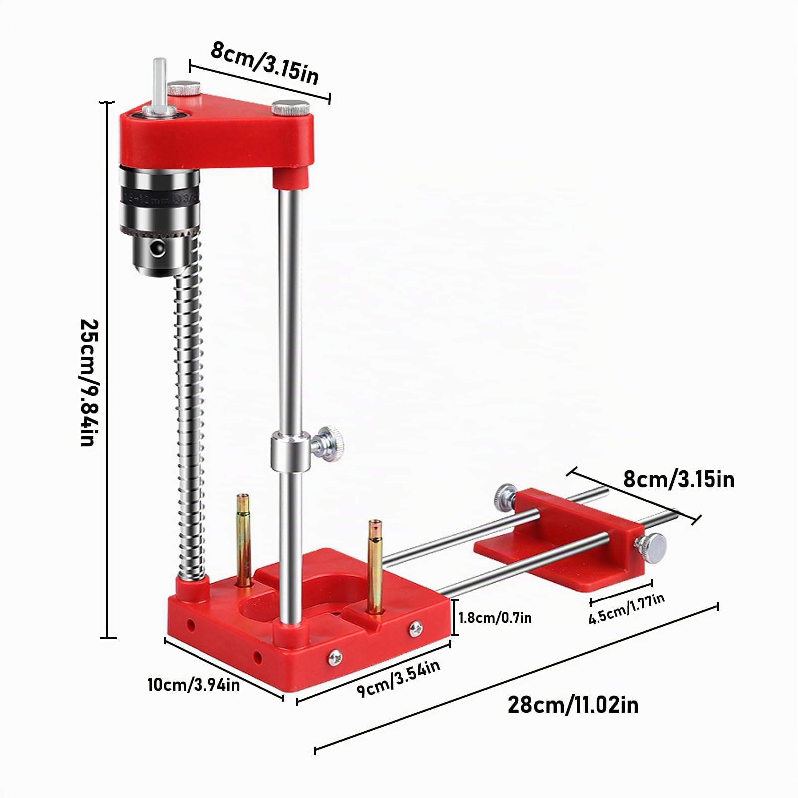 Support de perçage pour perceuse, gabarit de perçage réglable portable, outil de précision pour travail du bois, ensemble d’outils de guidage manuels verticaux (Rouge)