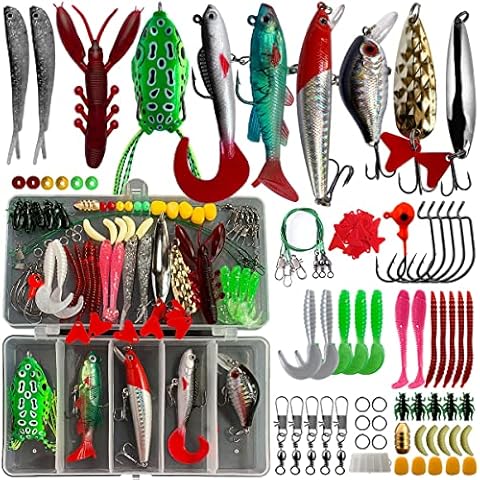 Fishing Lures Baits Tackle Kit for Bass Trout Salmon Fishing Tackle Box Including Spoon Lures Soft Plastic Worms Crankbait Jigs Fishing Hooks,108/70Pcs Fishing Gear Lures Kit Set (70) Cover