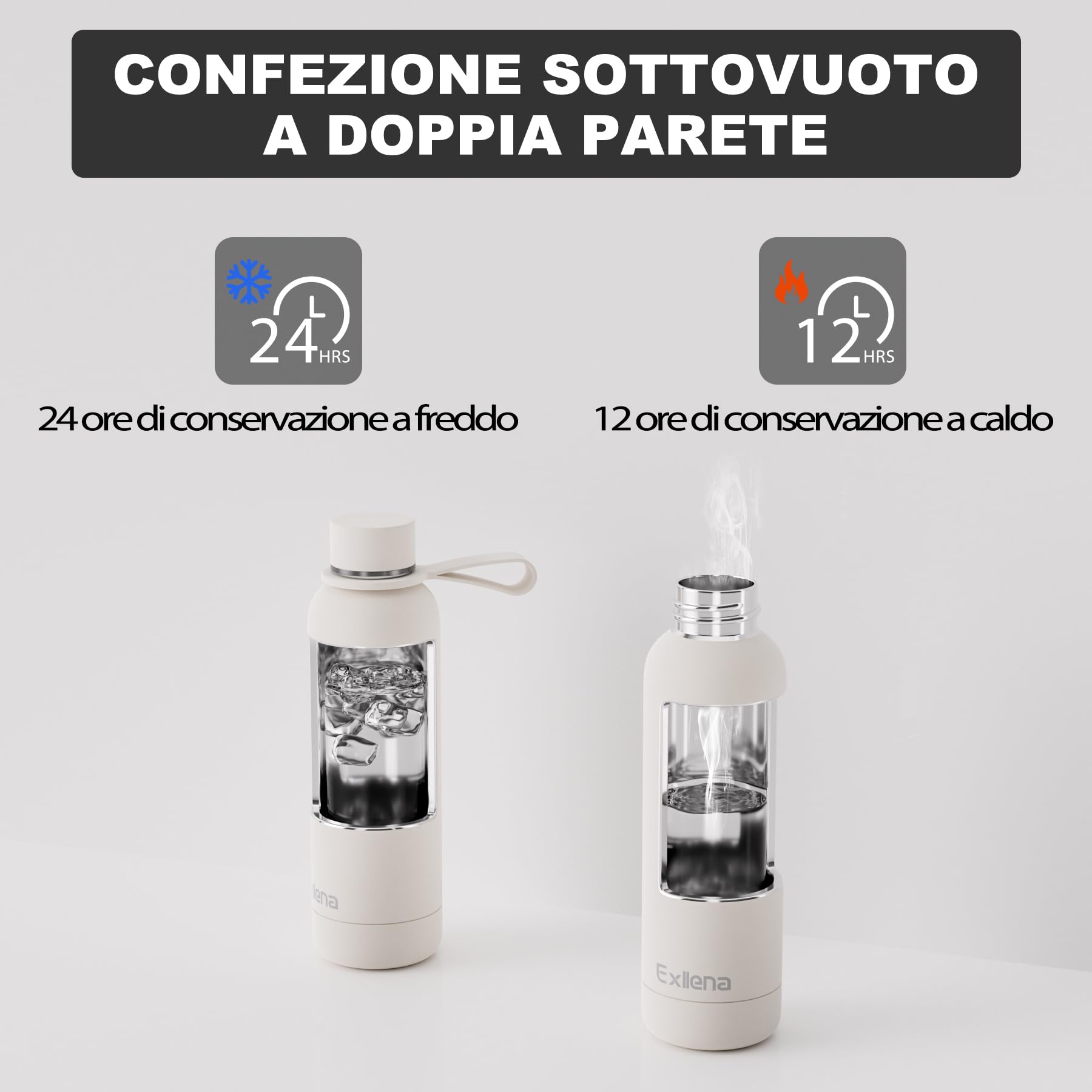 Exllena Borraccia Termica 500 ml - Bottiglia Termica Doppio Vuoto Mantenere Calore/Freddo - Senza BPA - 100% A Tenuta Stagna con Anello per Tote (Beige)