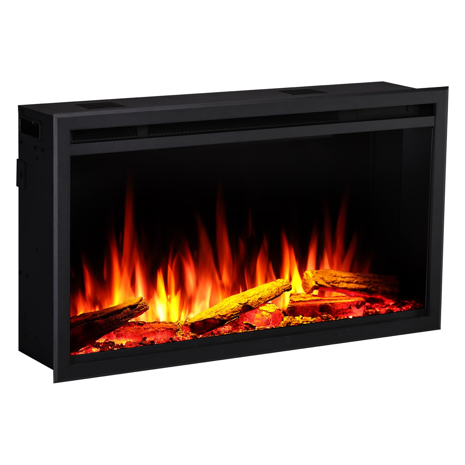 FLAMME 33 inch Media Wall Electric Fireplace, Castello Platinum Black | 1.5kW Heater (750W/1500W), Multi-Colour Flames, Logs & Black Glass Chips, Alexa & App Control, Wall Mounted or Recessed
