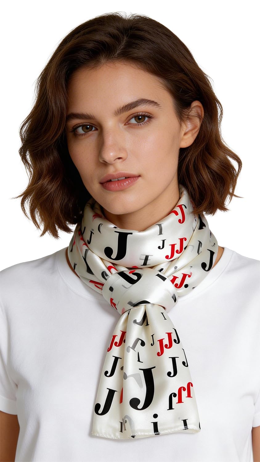 Scarfs for Women, Lightweight Soft Silky Scarves, Initial Alphabet Monogram Satin Chiffon Neckerchief, Hair Wrap - Off-white - One Size