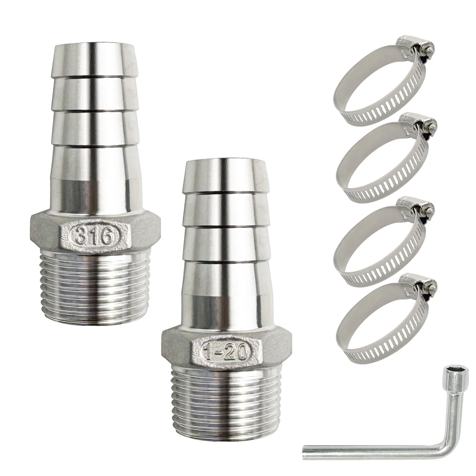 In Pipe Heating Cable Adapter, 4 Hose Clamps, High Temp/Pressure Rated, Corrosion Proof Joint 3/4" Barb x 1" NPT Male 316 Stainless Steel Hose Barb Fittings