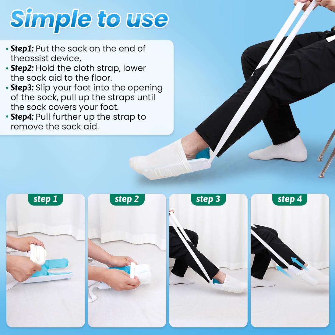 Sock Aid - Sock Aids for Putting On Socks - Sock Aid Device for Putting Socks Easy On and Off for Seniors, Disabled, Pregnant - Sock Helper Aide Tool - Sock Assistant Device (Blue)