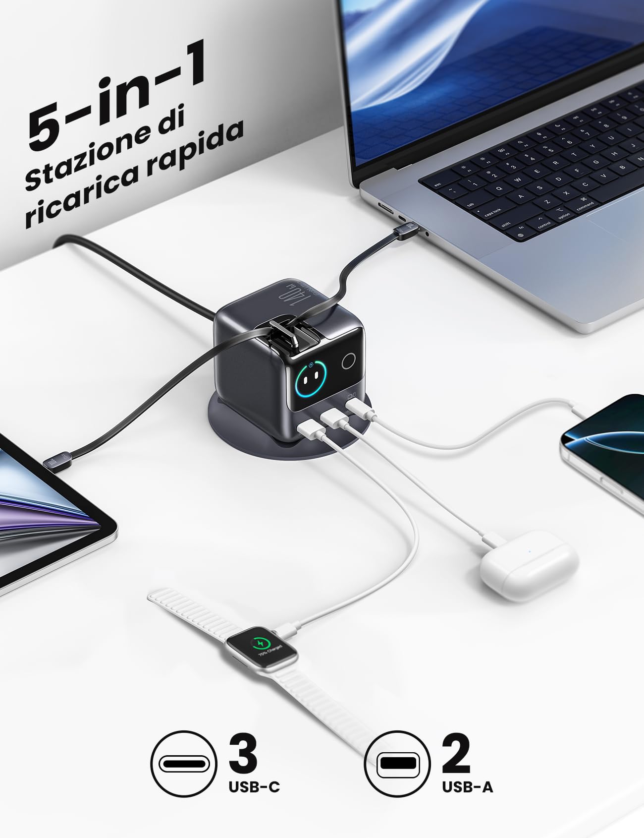 JOYROOM PODIX 5‑in‑1 Stazione di Ricarica 140W GaN, Doppio Cavo Retrattile 100W, Display 1,54" Inteligente, Design Rotante 180°, Compatibilità Universale MacBook, iPhone, Samsung, Ufficio e Casa
