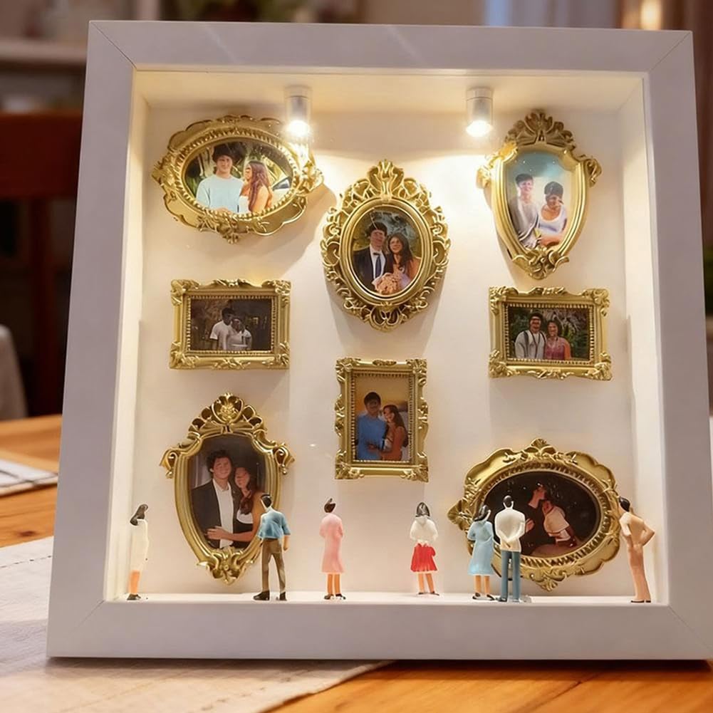 Caja de Siluetas de Mini Museo DIY – Celebra Tus Recuerdos Únicos con Estilo, Kit de Marco de Exhibición de Caja de Sombras de Fotos Personalizada con Figuras en Miniatura, Luz, Decoración de