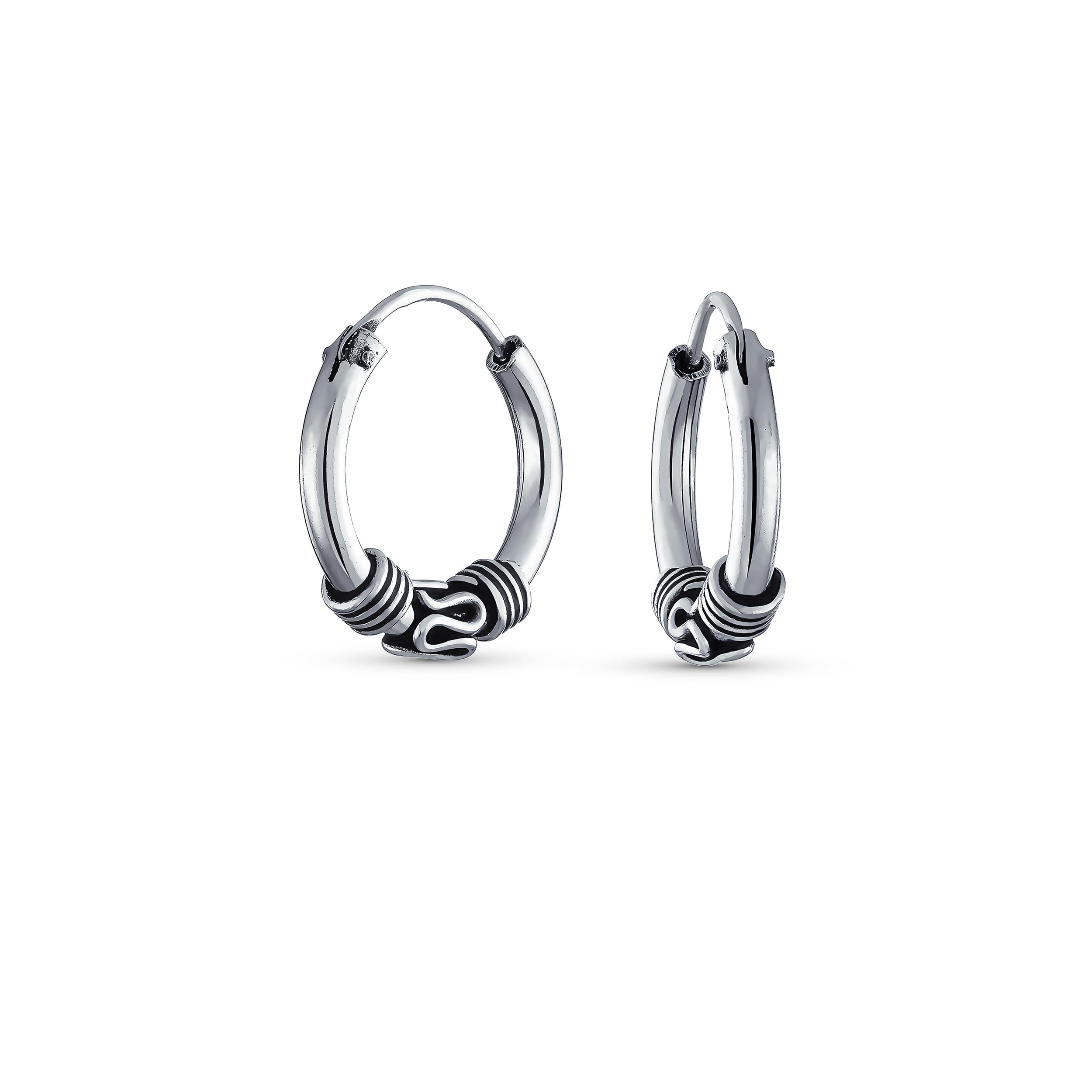 Bali Tribal Swirl Continuous Endless Round Hoop Earrings For Women Oxidized .925 Sterling Silver .50 .75 1 1.25 Inch Diameter