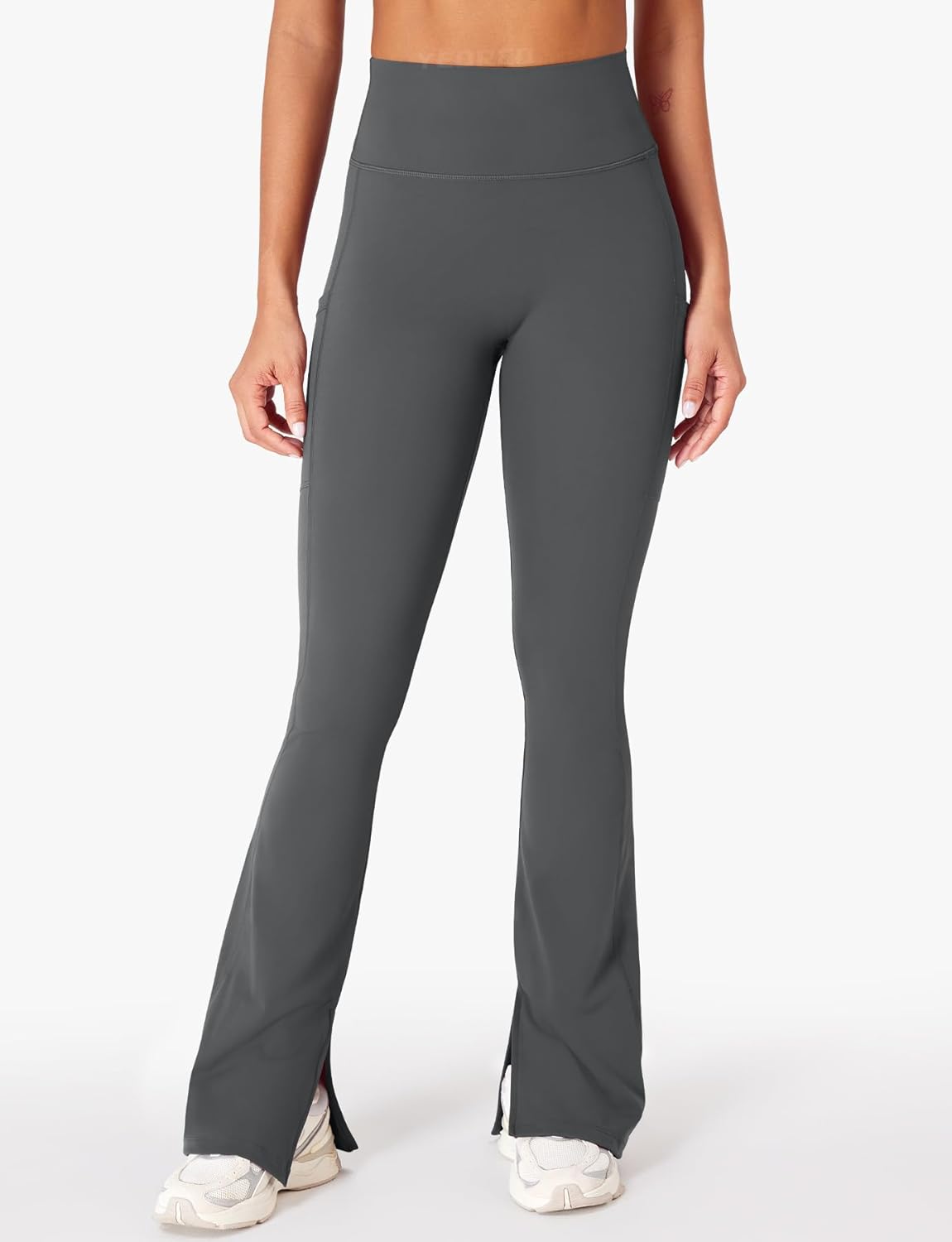 YEOREO Women Mini Flare Split Hem Leggings with Pockets Tummy Control Workout Leggings Anilnia Hidden Scrunch Gym Yoga Pants - Image 2