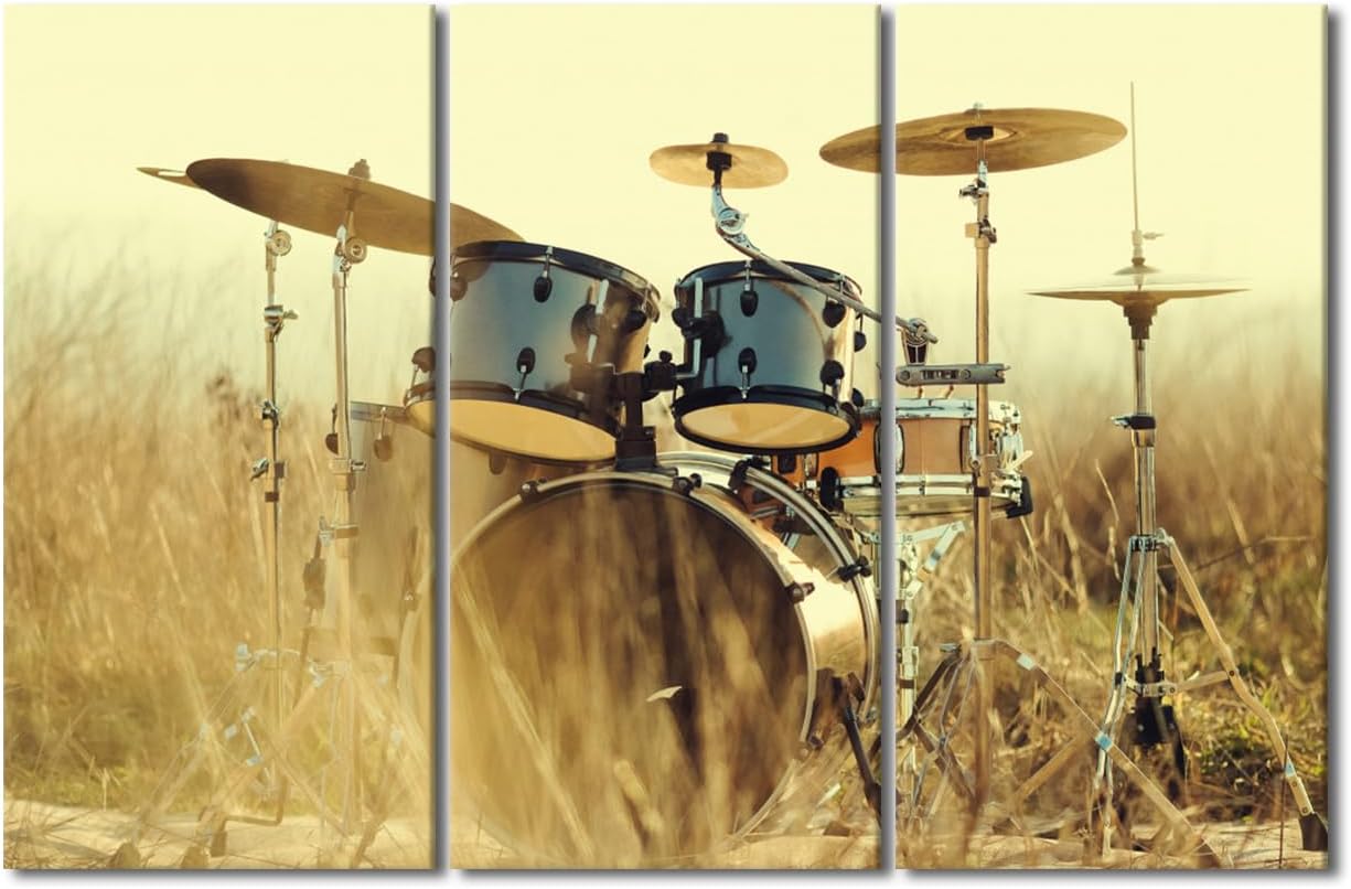 Music Series 3 Panels Jazz Drum Kit Wall Artwork American Rock Band Shelf Drum Set on Park Lawn Canvas Print for Living Room Bedroom Dining Room Wall Decor Stretched and Framed Ready to Hang-28"Wx42"H