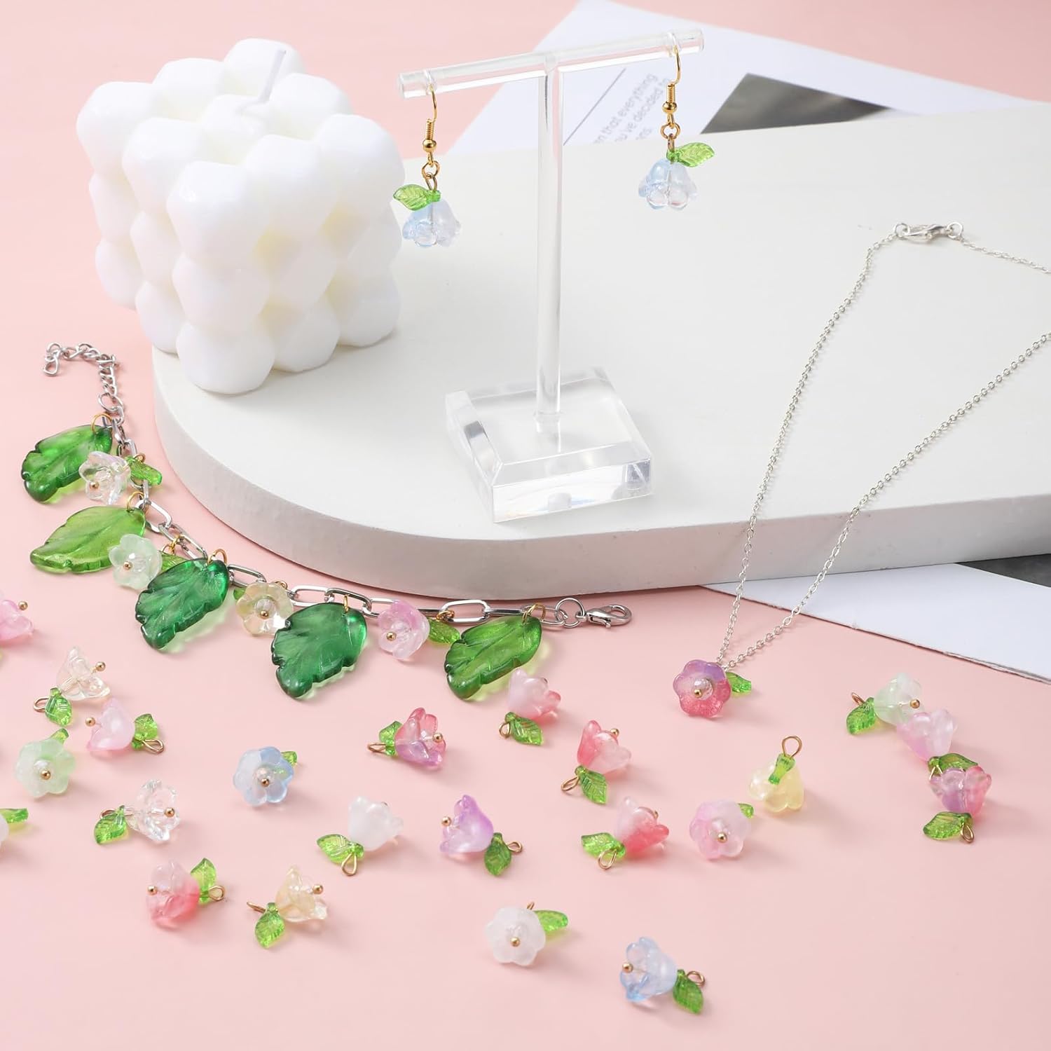 60Pcs Glass Flower Charms for Jewelry Making, Crystal Glass Floral Pendants Gold Floral Beads Charms Transparent Blooming Rose Dangle Charm for Jewelry Making Bracelet Earring Necklace Craft - Image 4