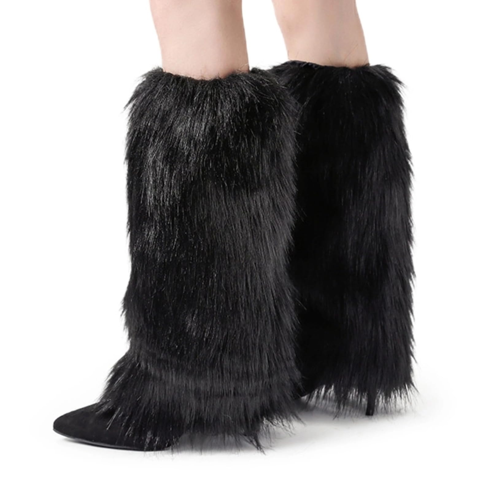 Peecabe Winter Women Faux Fur Fluffy Leg Warmers Fuzzy Long Boot Covers Furry For Christmas 40cm/15.7in Length Black