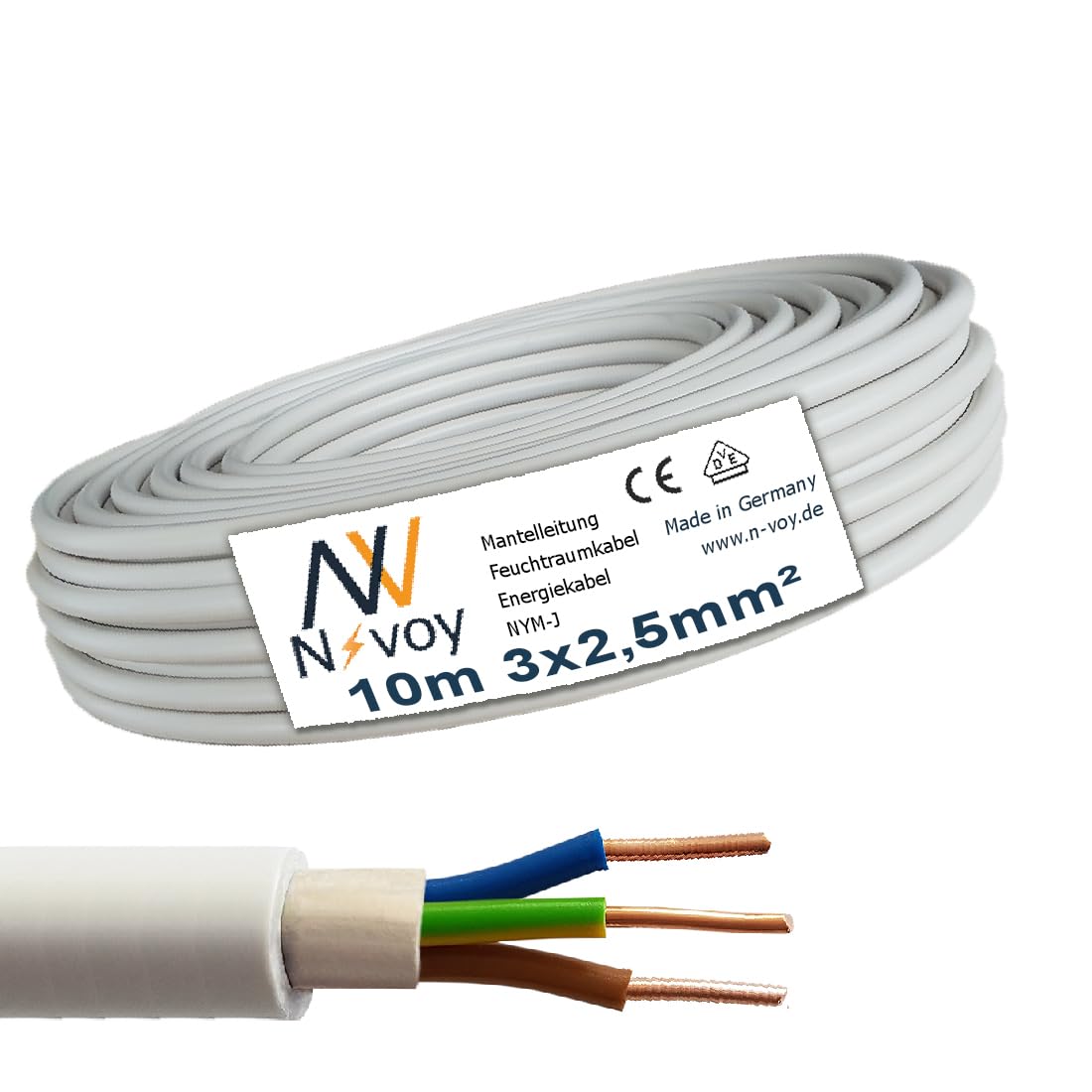 NYM-J 3x2,5 mm² 10m (Var.5-100m) Mantelleitung Stromkabel Feuchtraumkabel Kupfer NV05